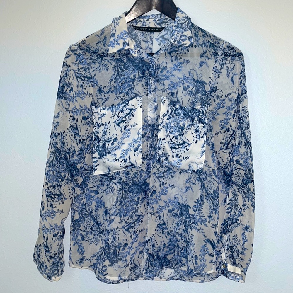 Zara Blue Floral Chiffon Blouse Size Small